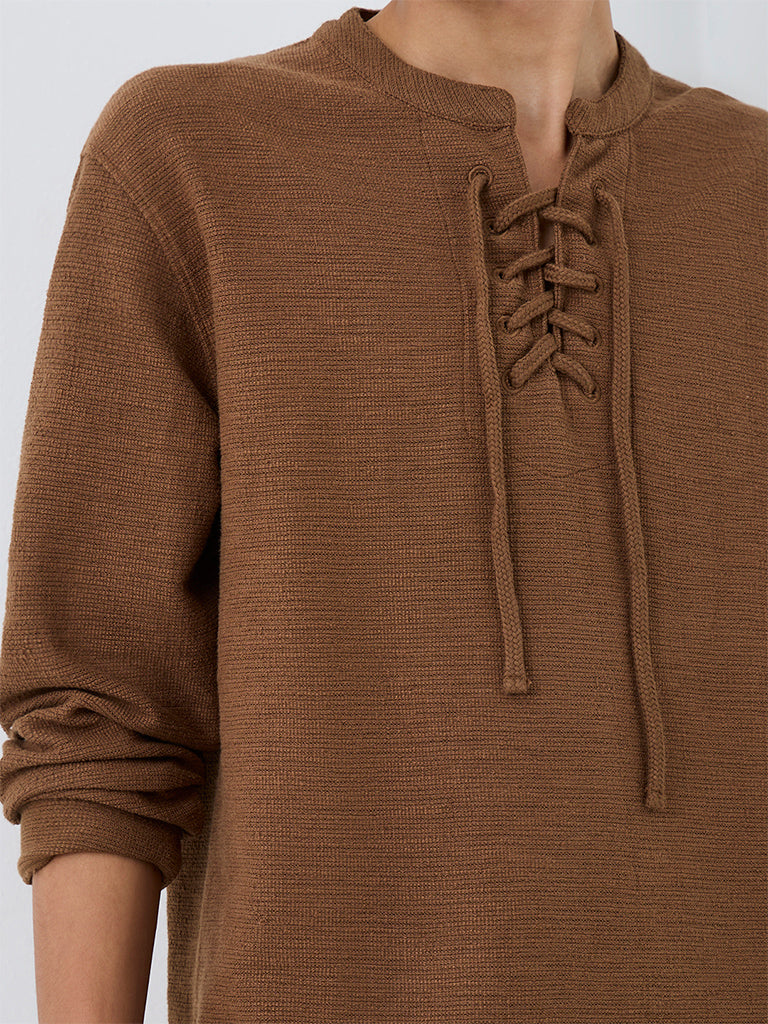 ETA Brown Criss-Cross Tie-Up Relaxed-Fit Cotton-Blend T-Shirt