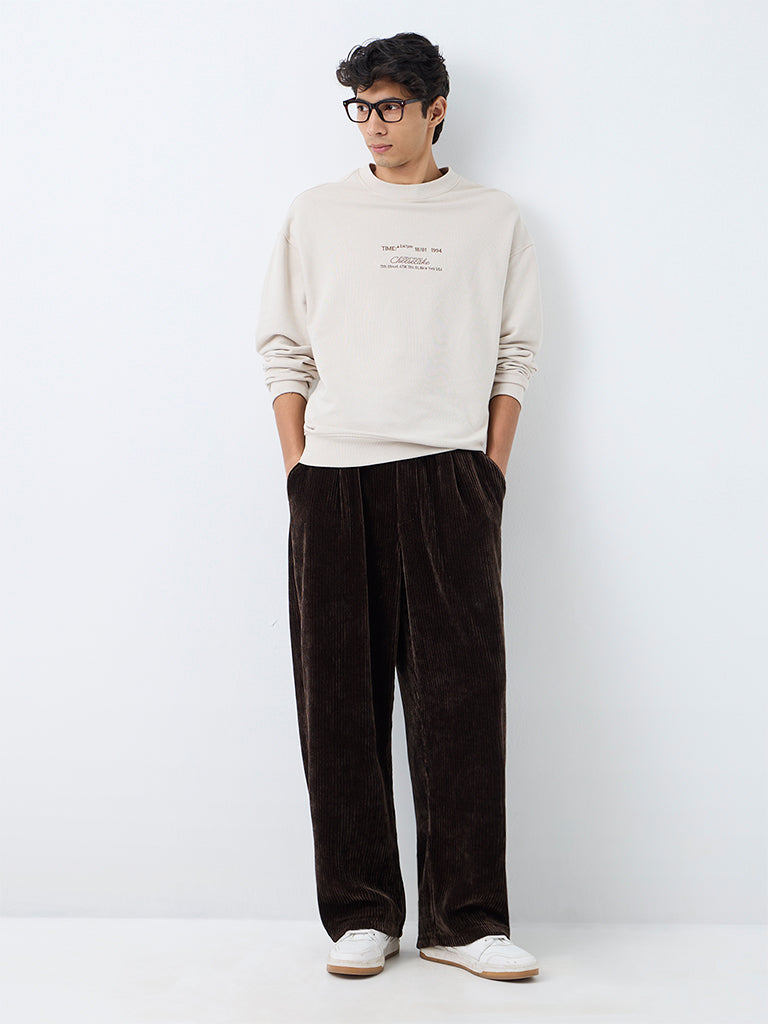Nuon Dark Brown Corduroy Baggy-Fit Mid-Rise Pants