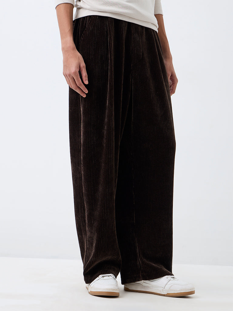 Nuon Dark Brown Corduroy Baggy-Fit Mid-Rise Pants
