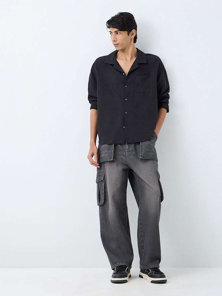 Nuon Black Solid Boxy-Fit Cotton Shirt