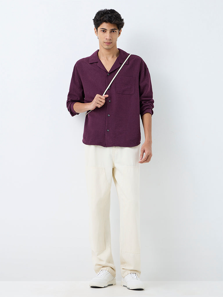 Nuon Plum Solid Boxy-Fit Cotton Shirt