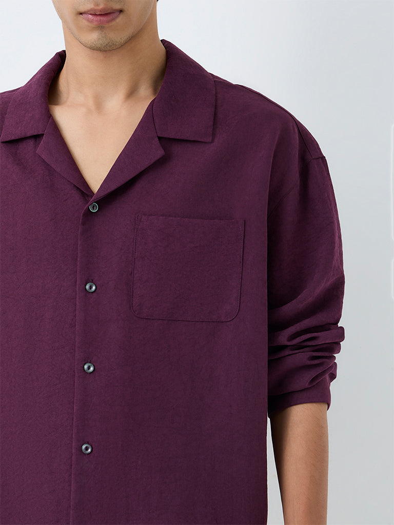 Nuon Plum Solid Boxy-Fit Cotton Shirt