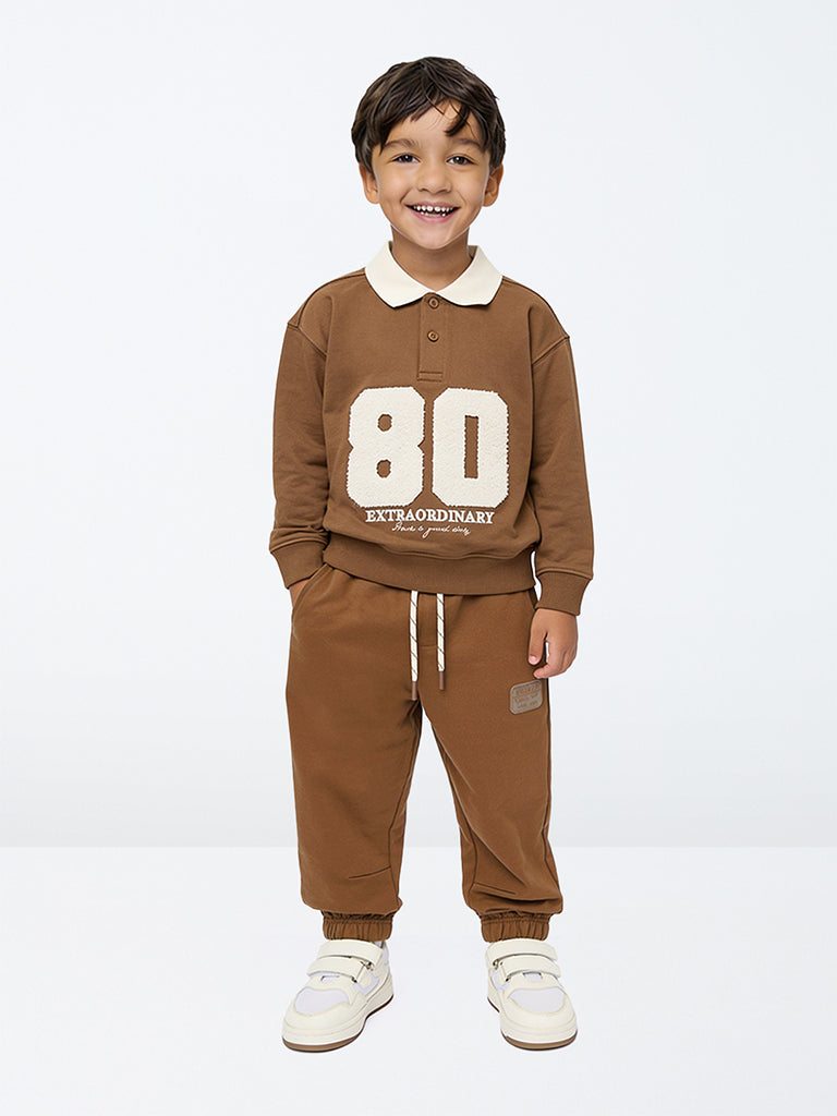 HOP Kids Boys Brown Patch-Detail Mid-Rise Cotton-Blend Joggers