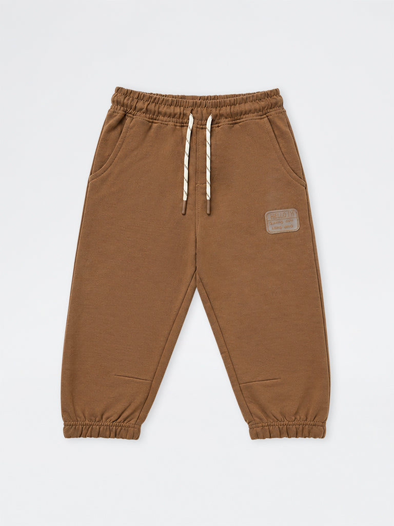 HOP Kids Boys Brown Patch-Detail Mid-Rise Cotton-Blend Joggers