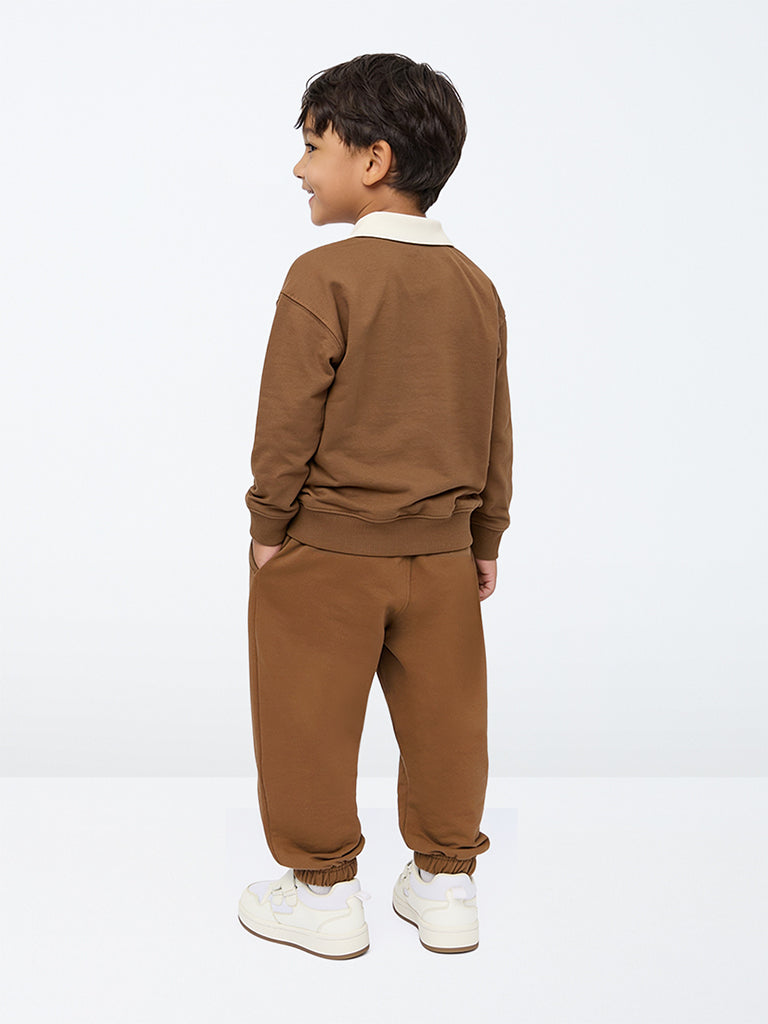 HOP Kids Boys Brown Patch-Detail Mid-Rise Cotton-Blend Joggers