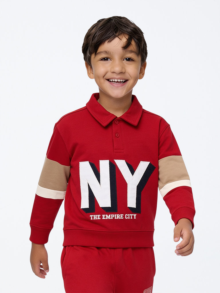 HOP Kids Boys Red Text Design Cotton-Blend Polo Sweatshirt