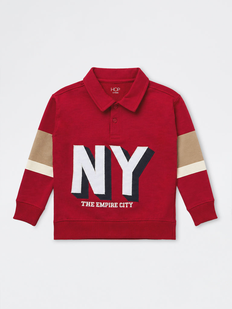 HOP Kids Boys Red Text Design Cotton-Blend Polo Sweatshirt