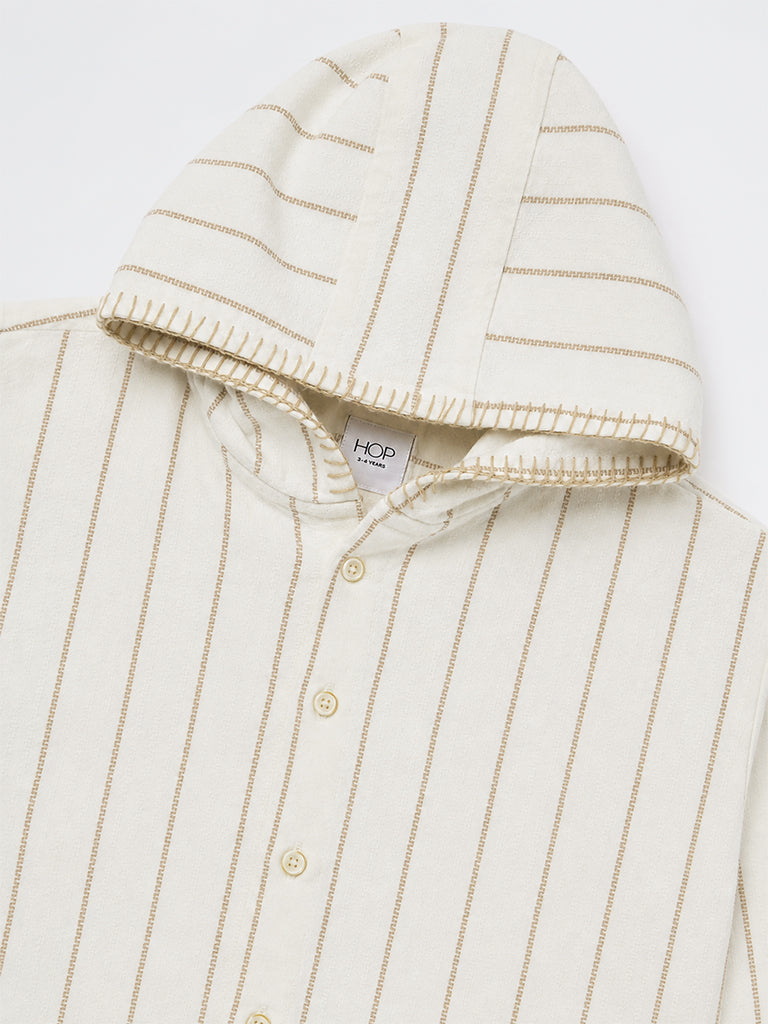 HOP Kids Boys Off-White Striped Cotton Hooded Shirt