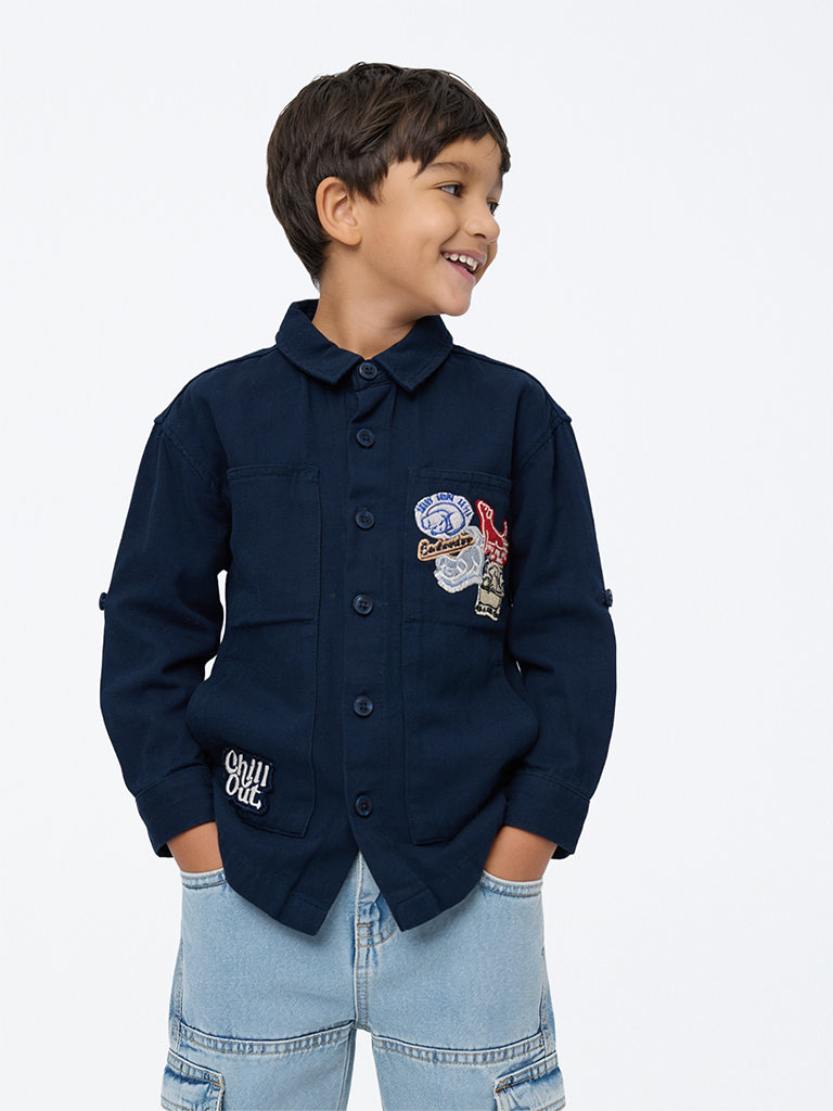 HOP Kids Boys Navy Patch-Detail Cotton Shirt