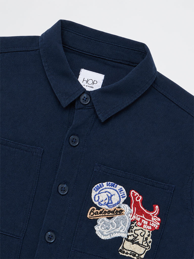 HOP Kids Boys Navy Patch-Detail Cotton Shirt