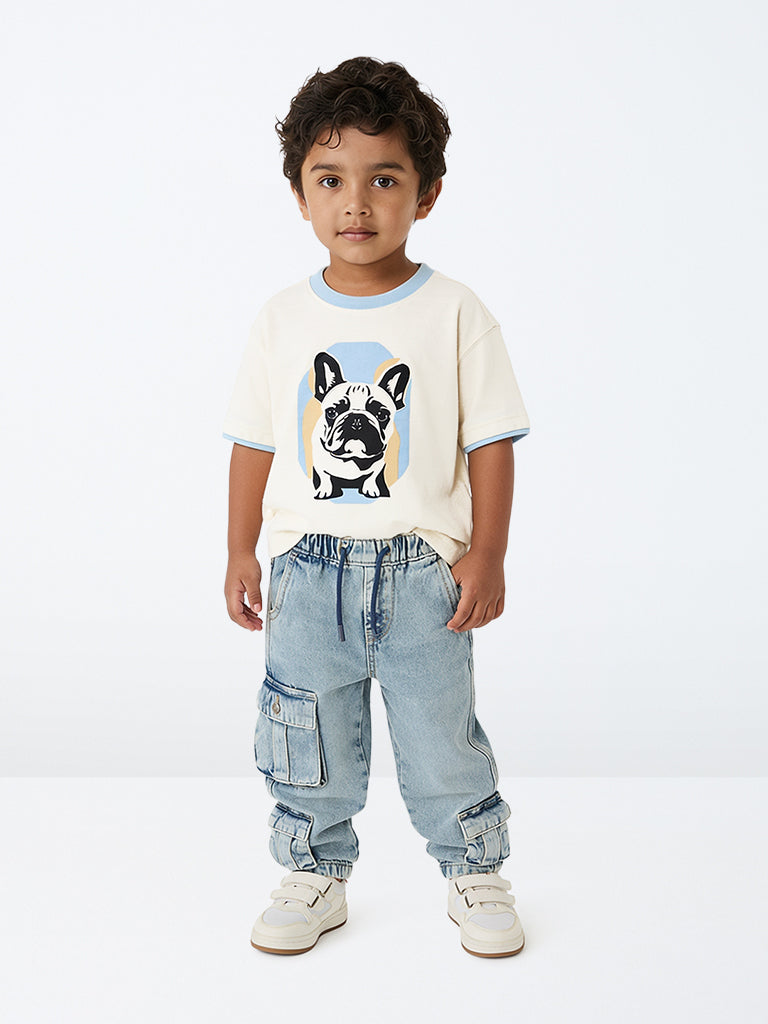 HOP Kids Boys Off-White Dog Printed Cotton T-Shirt