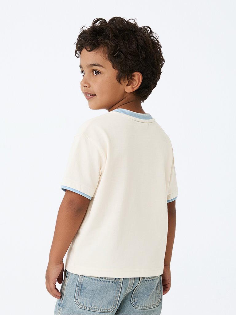 HOP Kids Boys Off-White Dog Printed Cotton T-Shirt