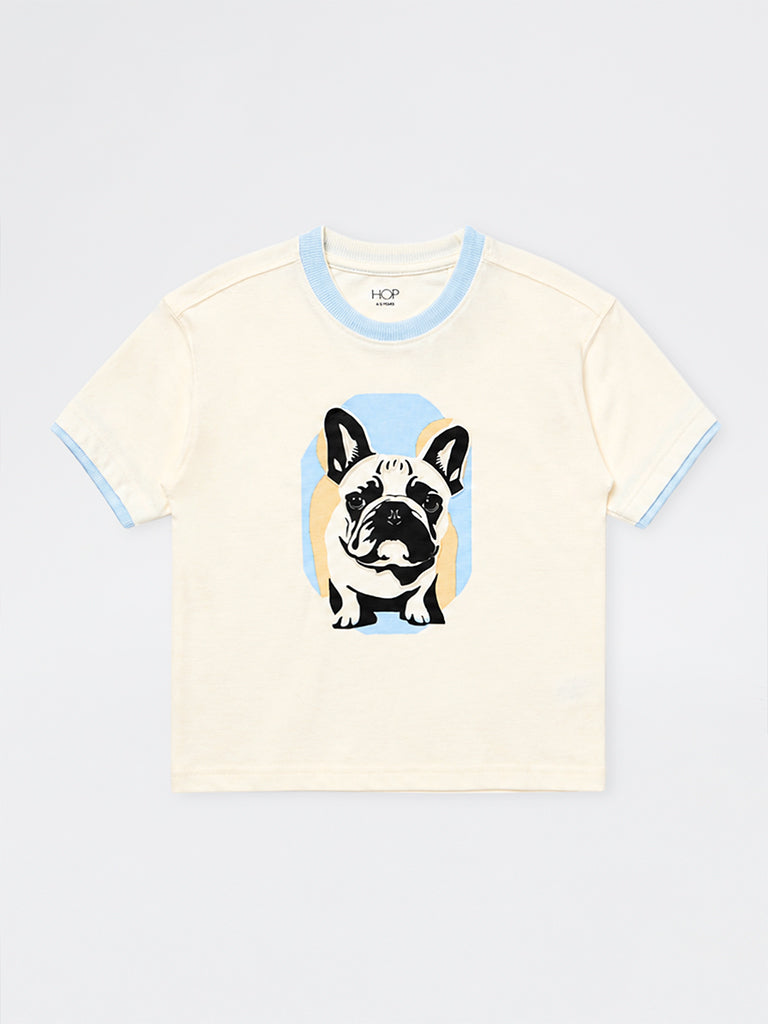 HOP Kids Boys Off-White Dog Printed Cotton T-Shirt
