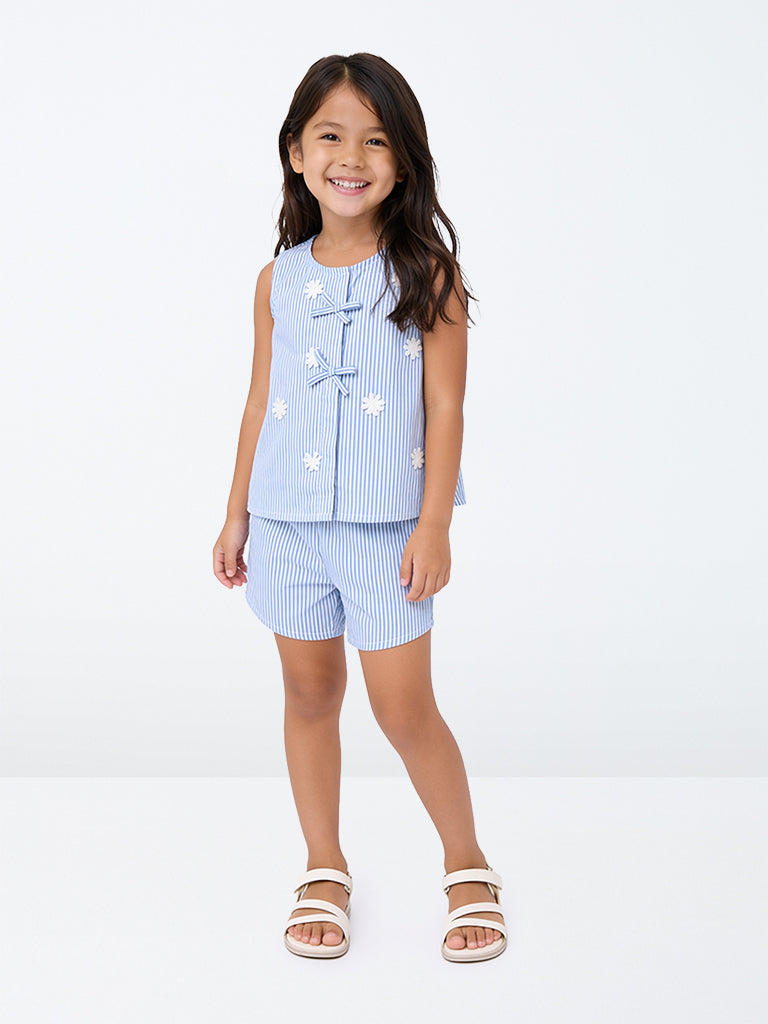 HOP Kids Girls Blue Striped Cotton Top and Shorts Set