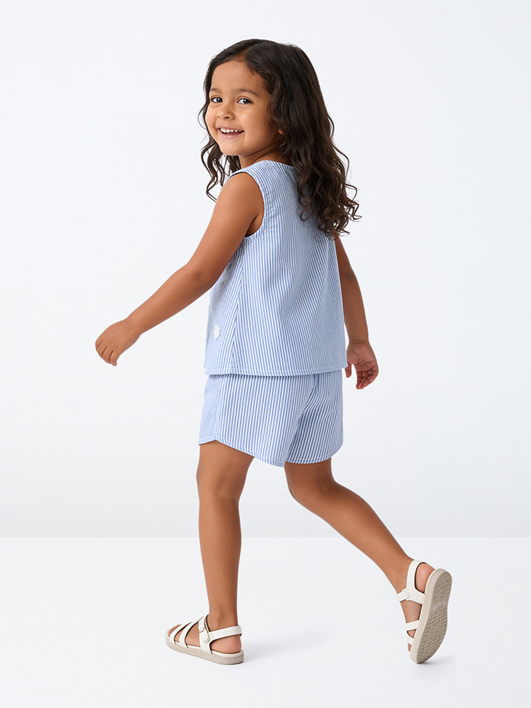 HOP Kids Girls Blue Striped Cotton Top and Shorts Set