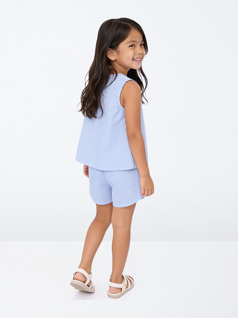 HOP Kids Girls Blue Striped Cotton Top and Shorts Set