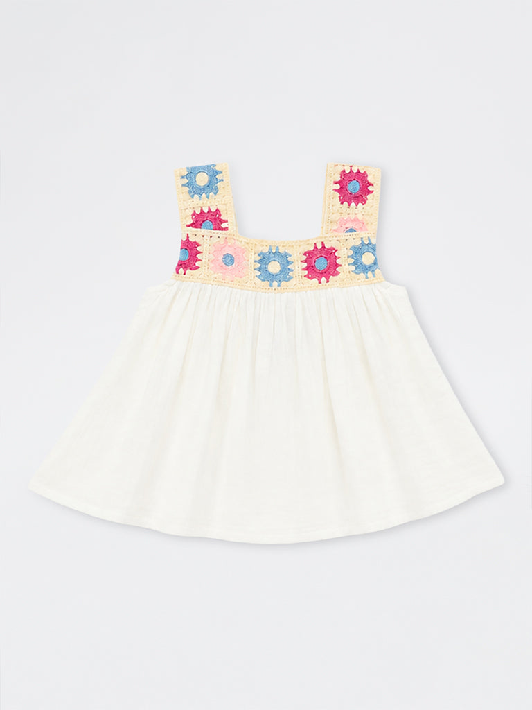 HOP Kids Girls Off-White Crochet-Detailed Cotton Top