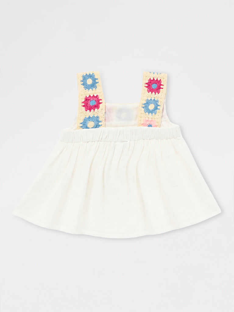 HOP Kids Girls Off-White Crochet-Detailed Cotton Top