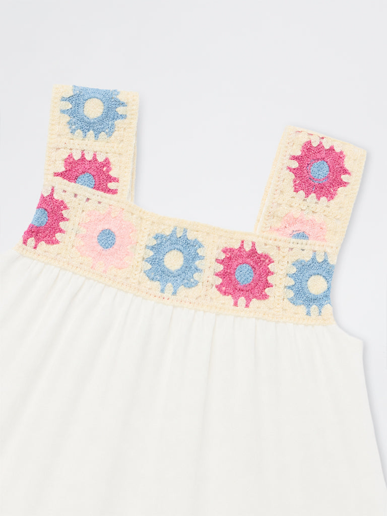 HOP Kids Girls Off-White Crochet-Detailed Cotton Top