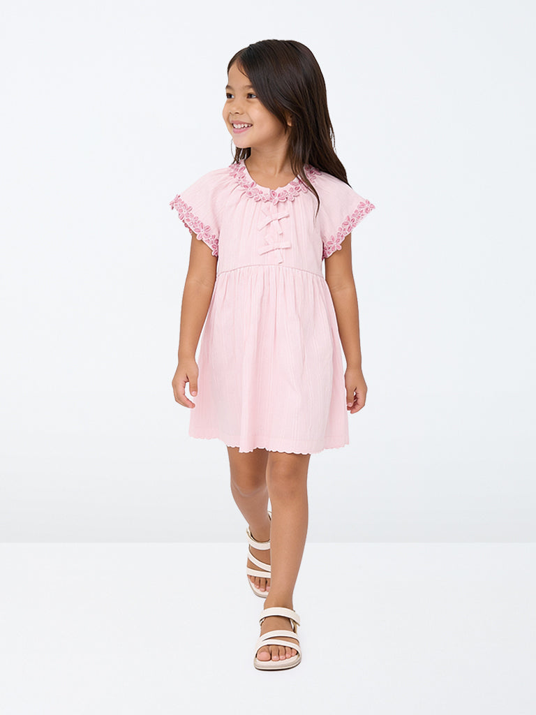 HOP Kids Girls Light Pink Floral Embroidered Cotton A-Line Dress