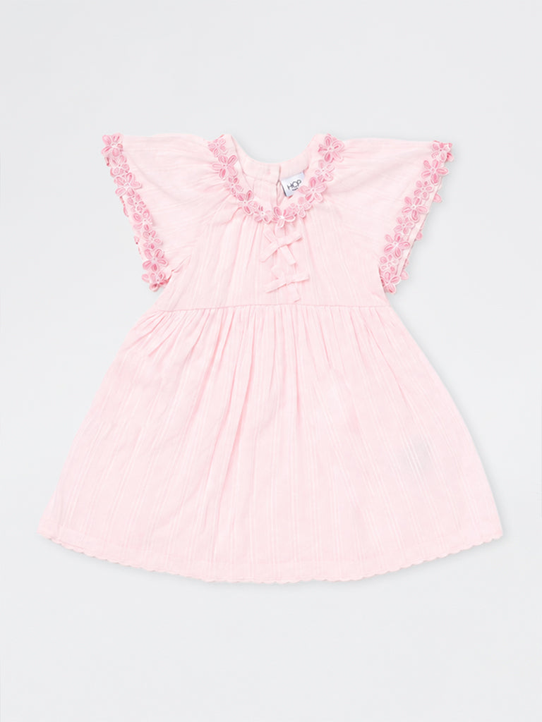 HOP Kids Girls Light Pink Floral Embroidered Cotton A-Line Dress