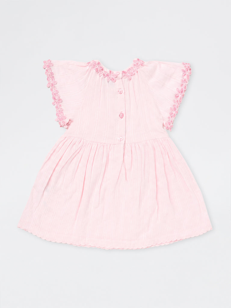 HOP Kids Girls Light Pink Floral Embroidered Cotton A-Line Dress
