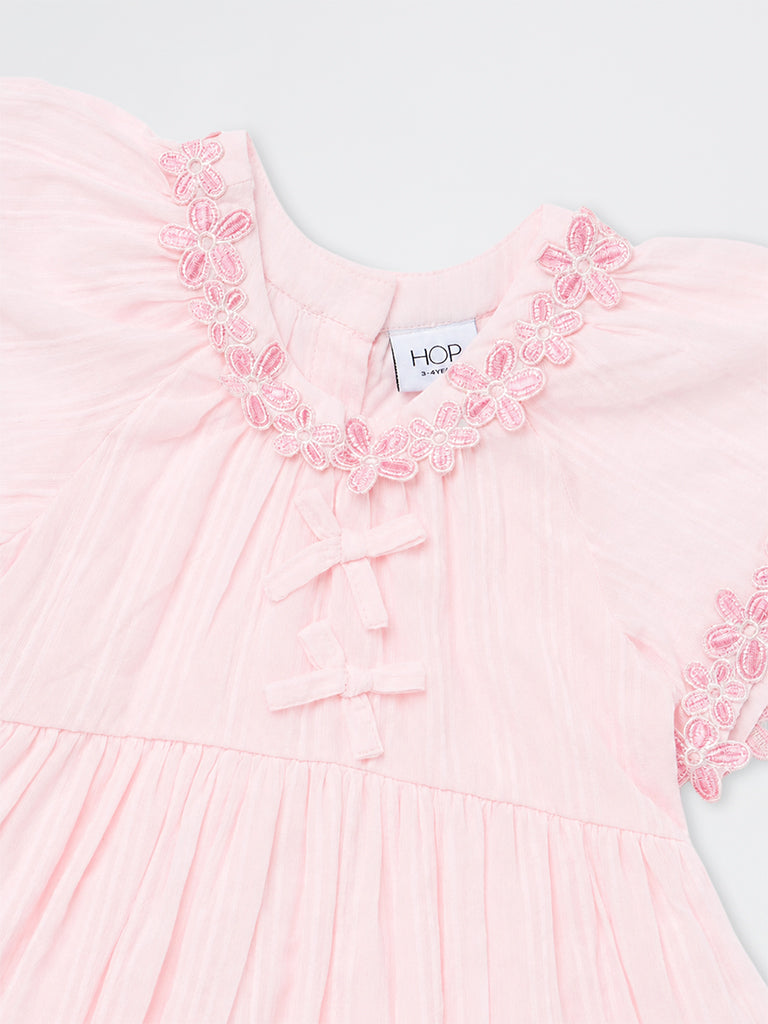 HOP Kids Girls Light Pink Floral Embroidered Cotton A-Line Dress