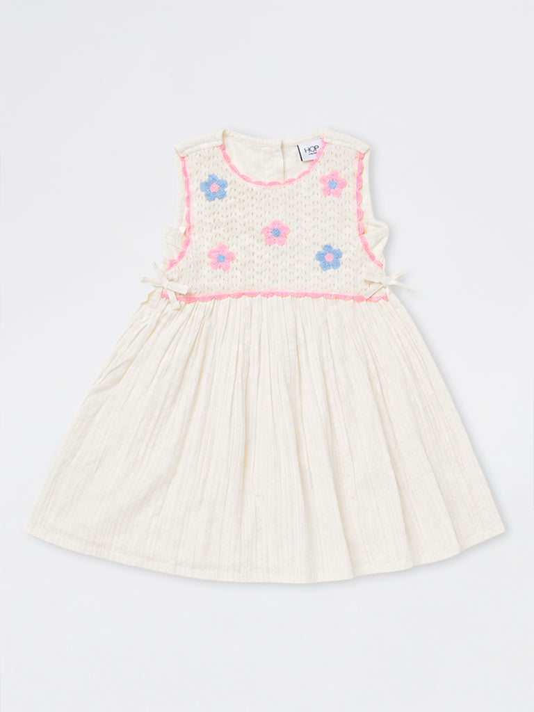 HOP Kids Girls Cream Floral Embroidered Cotton A-Line Dress