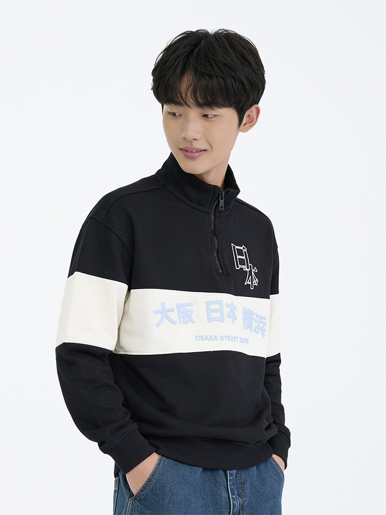 Boys Black Colour-Blocked Cotton Sweatshirt