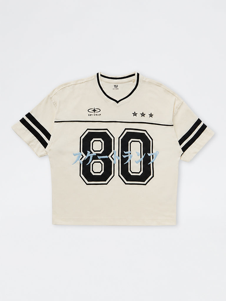 Y&F Kids Boys Off-White Numerical Printed Cotton T-Shirt