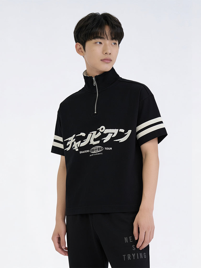 Boys Black Japanese-Embroidered Cotton T-Shirt