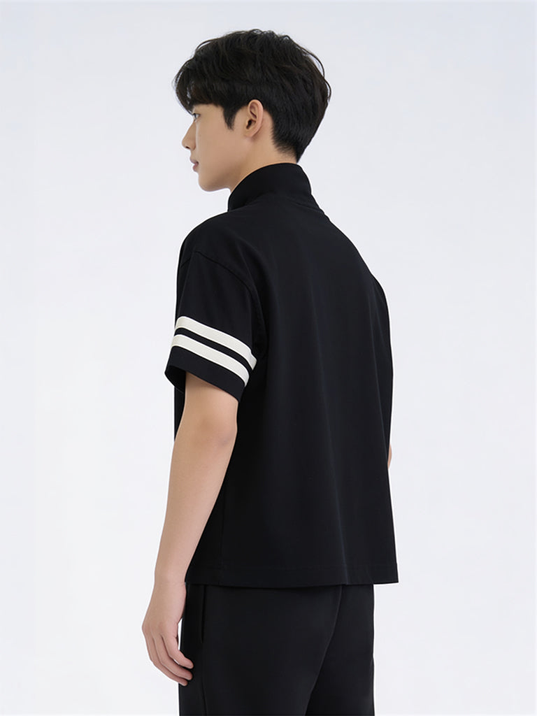 Boys Black Japanese-Embroidered Cotton T-Shirt