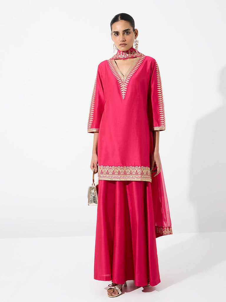 Vark Pink Botanical Embroidered Straight Kurta and Flared Palazzos Set