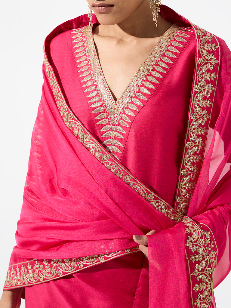 Vark Pink Botanical Embroidered Straight Kurta and Flared Palazzos Set