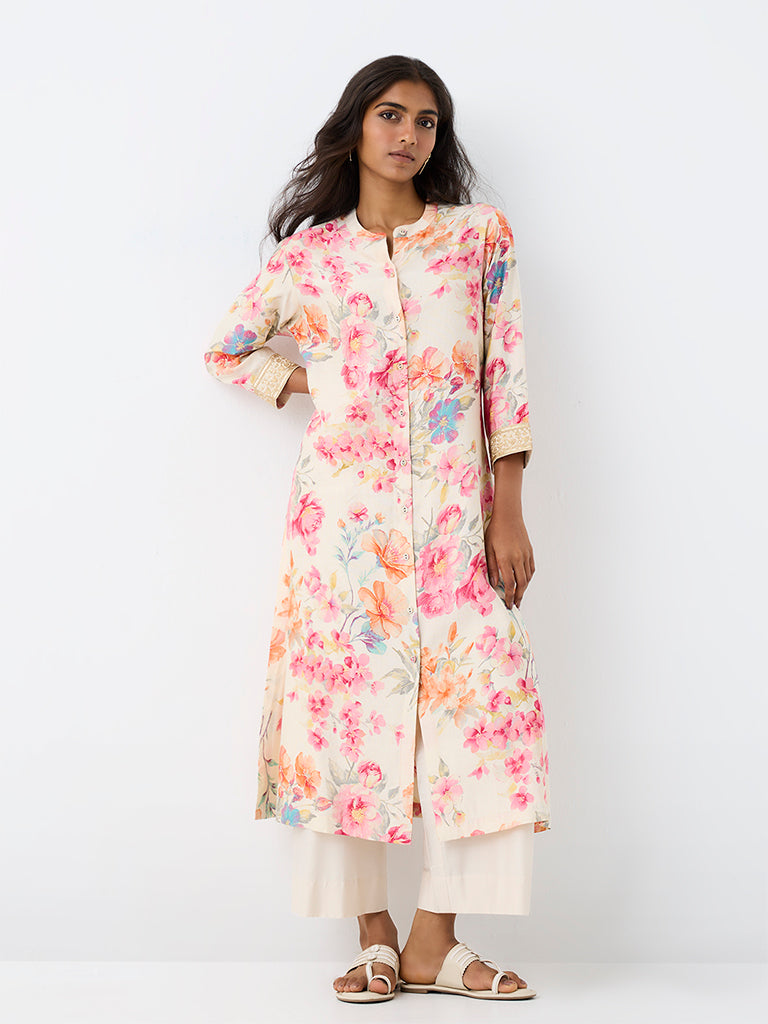 Utsa Off-White Floral Printed A-Line Kurta