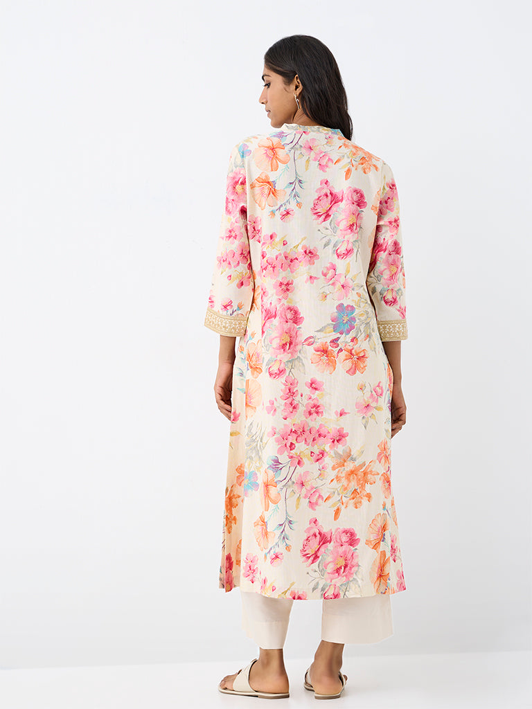 Utsa Off-White Floral Printed A-Line Kurta