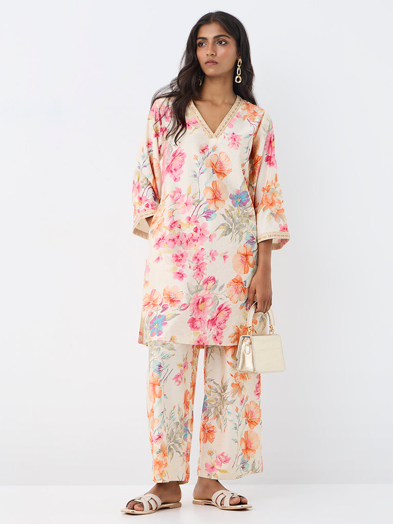 Utsa Off-White Floral Printed Cotton A-Line Kurta