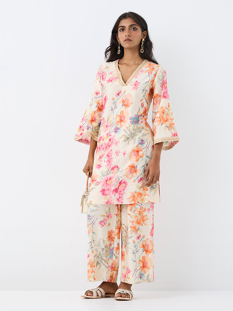 Utsa Off-White Floral Printed Cotton A-Line Kurta