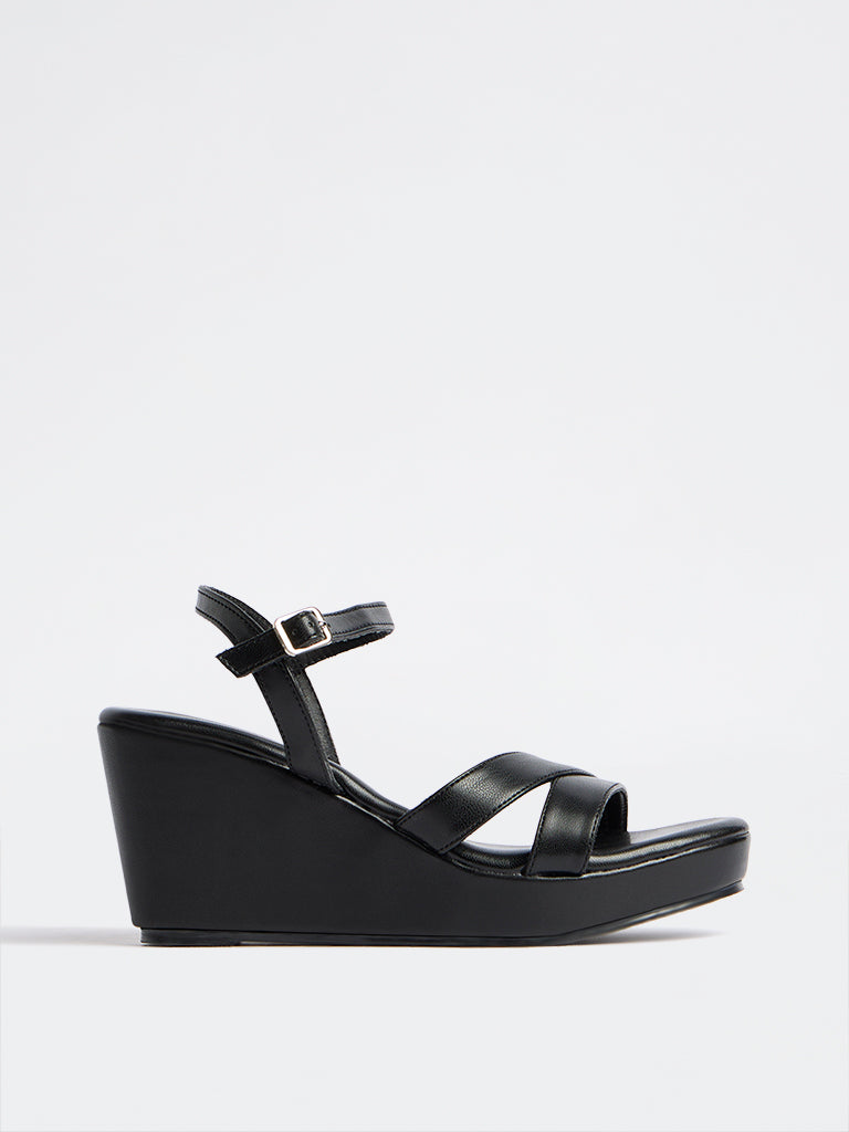 LUNA BLU Black Multi-Strap Wedge-Heel Sandals