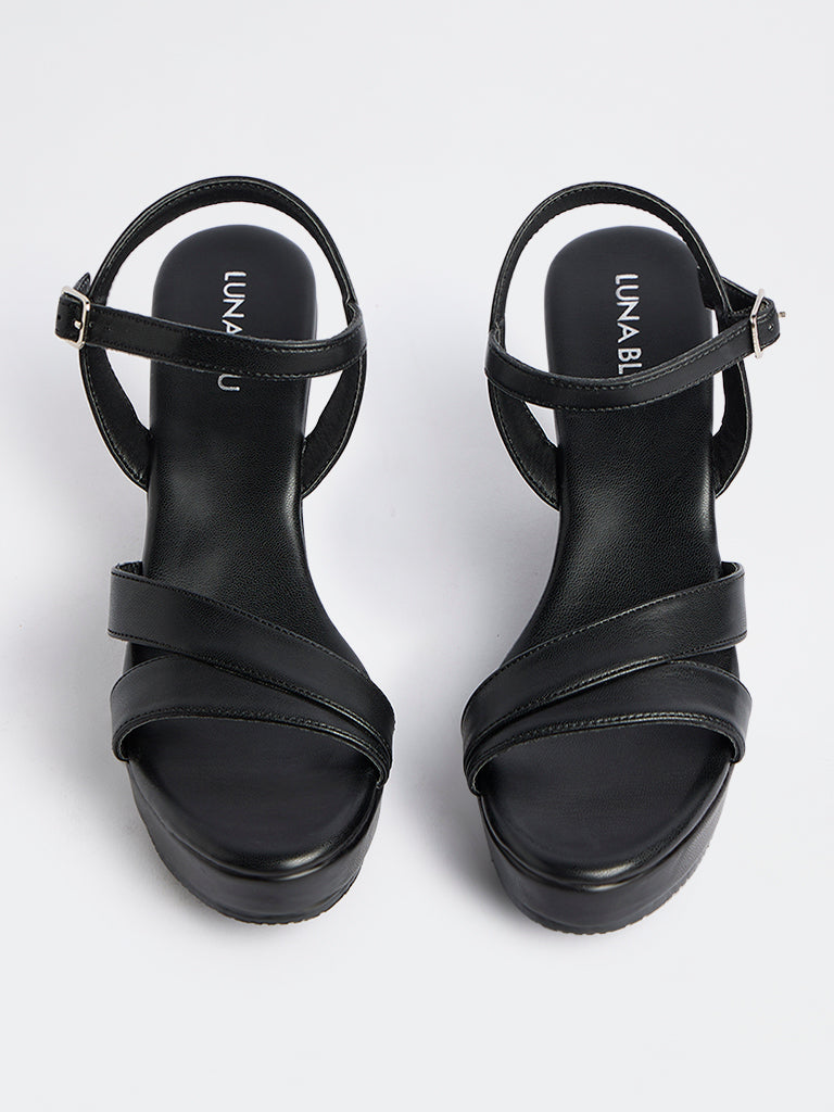 LUNA BLU Black Multi-Strap Wedge-Heel Sandals