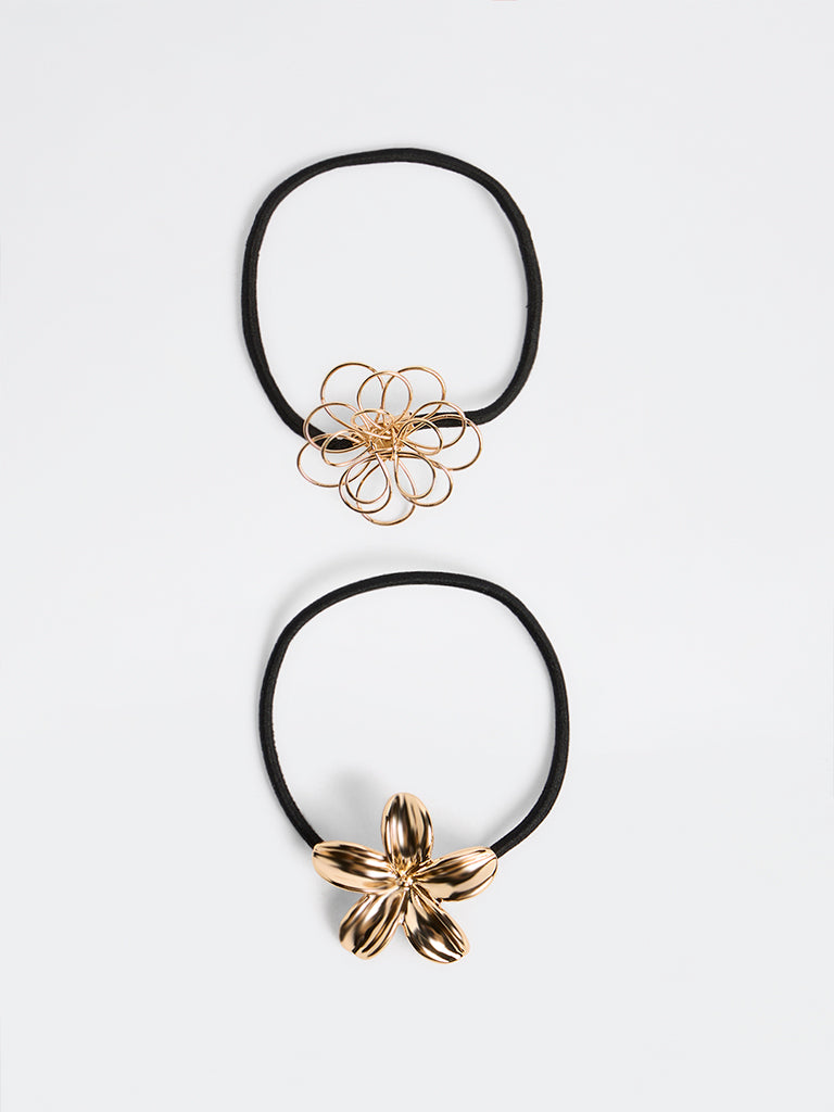 Westside Accessories Gold Floral-Detail Scrunchies - Pack of 2