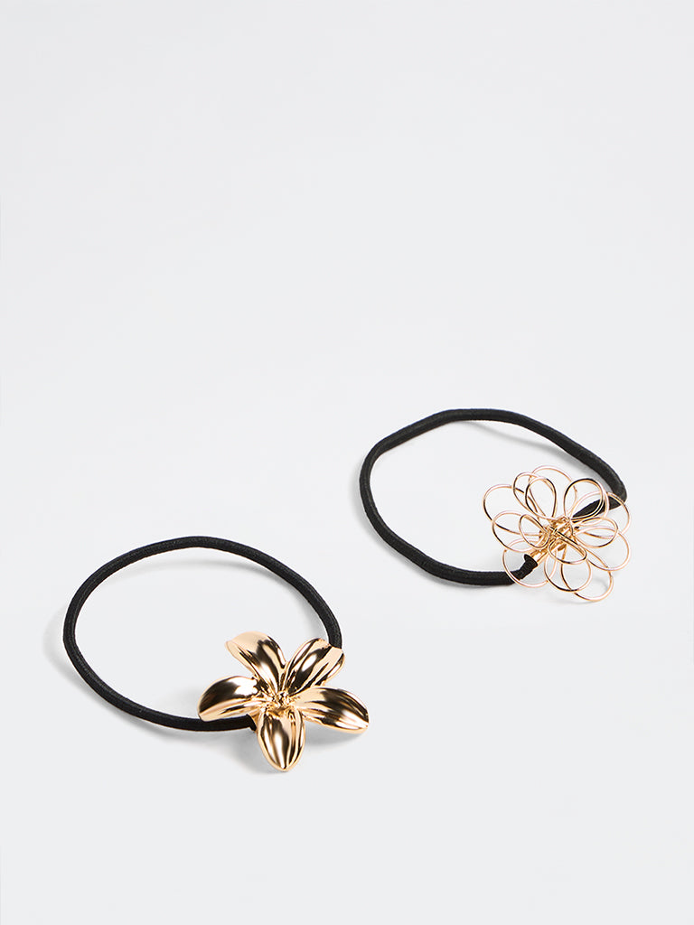 Westside Accessories Gold Floral-Detail Scrunchies - Pack of 2