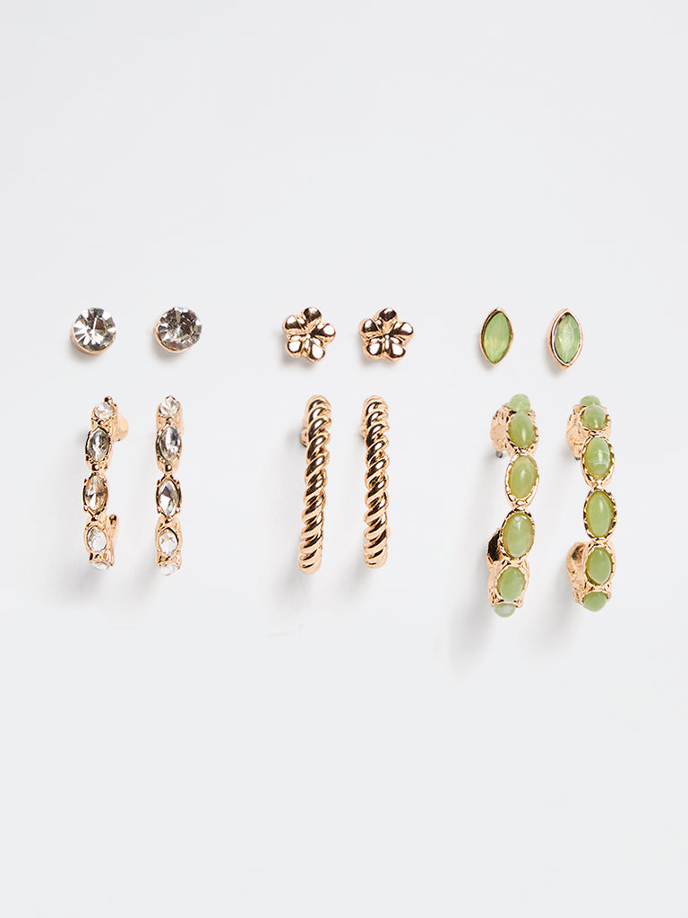 Westside Accessories Gold and Green Hoop and Stud Earrings - Pack of 6
