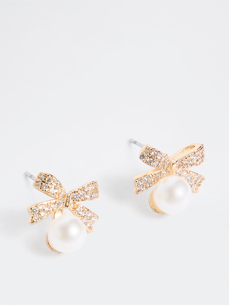 Westside Accessories Gold Bow Pearl-Detail Stud Earrings