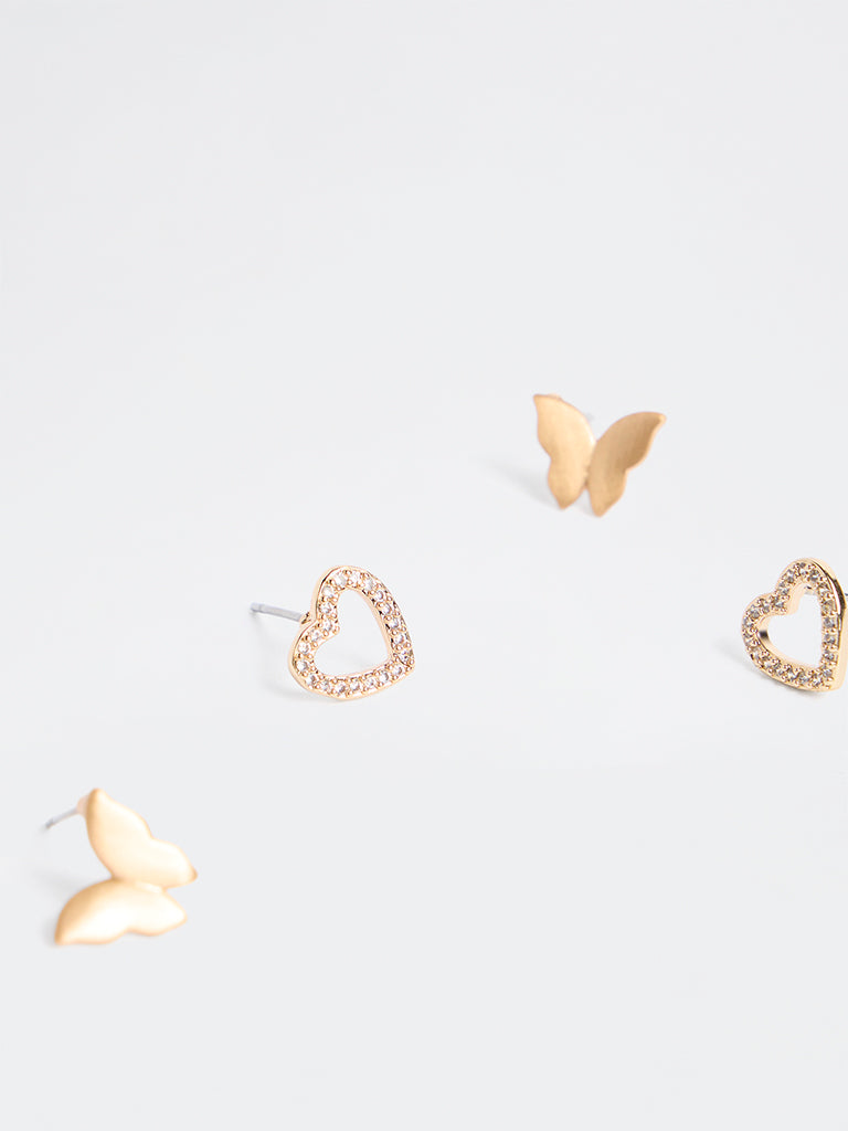 Westside Accessories Gold Embellished Heart and Butterfly Stud Earrings - Pack of 2