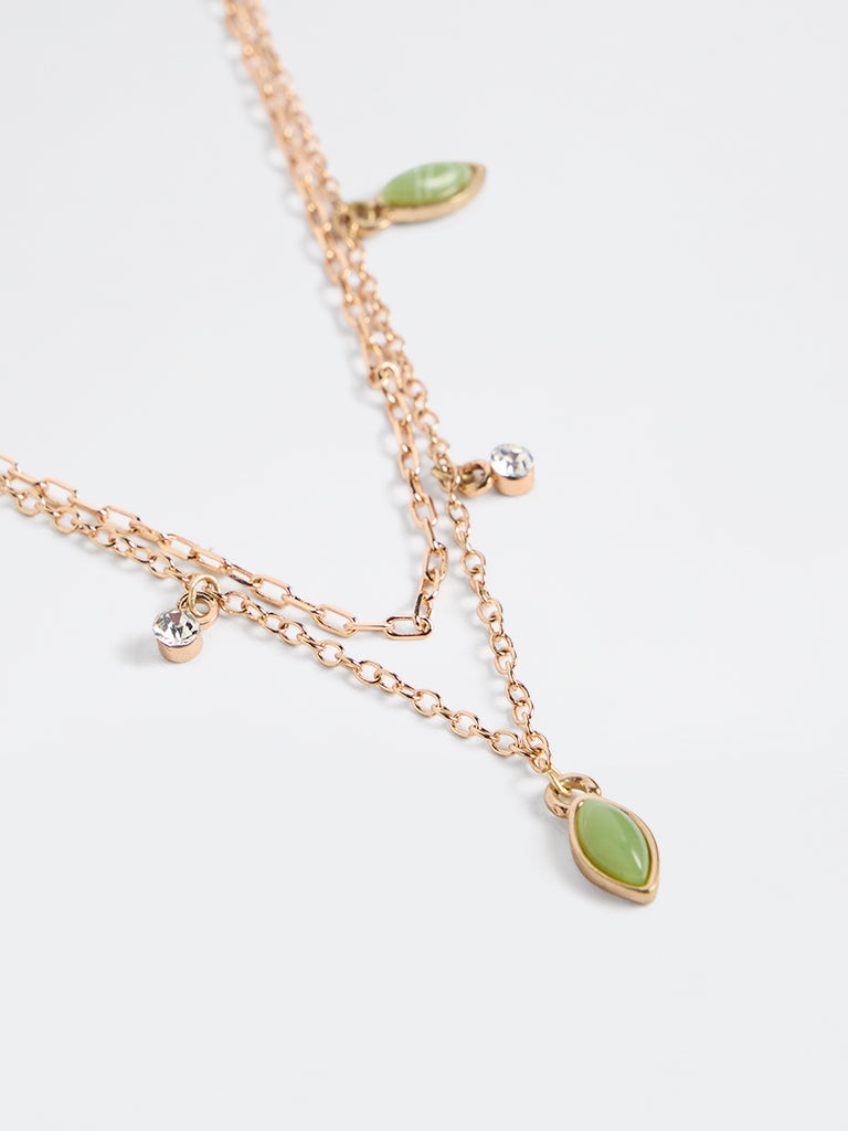 Westside Accessories Gold and Green 2-Layer Dainty Charm Necklace