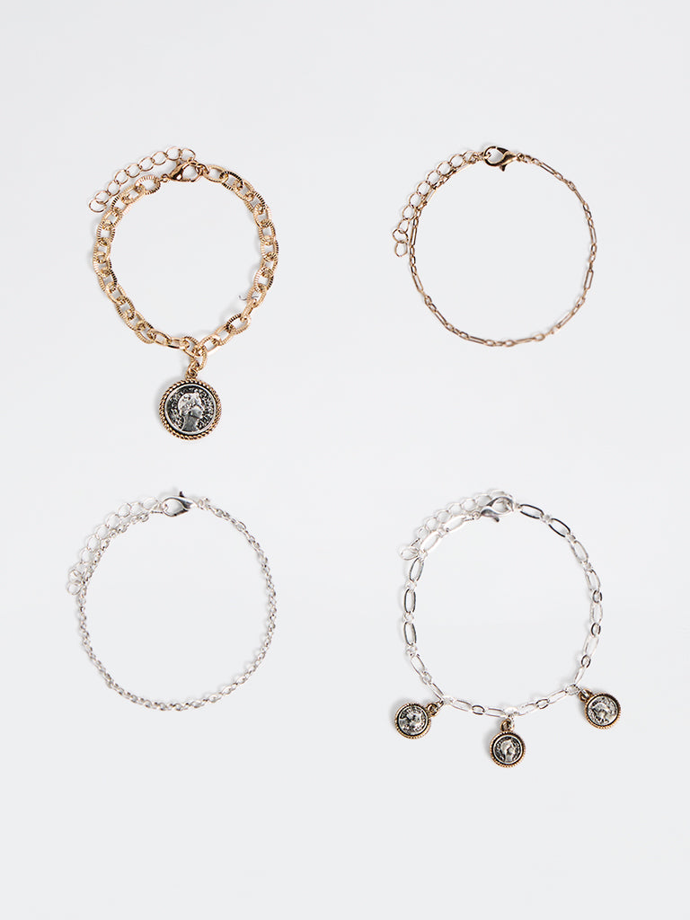 Westside Accessories Gold and Silver Vintage Coin Multi-Chain Bracelet - Pack of 4