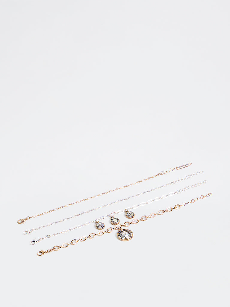 Westside Accessories Gold and Silver Vintage Coin Multi-Chain Bracelet - Pack of 4