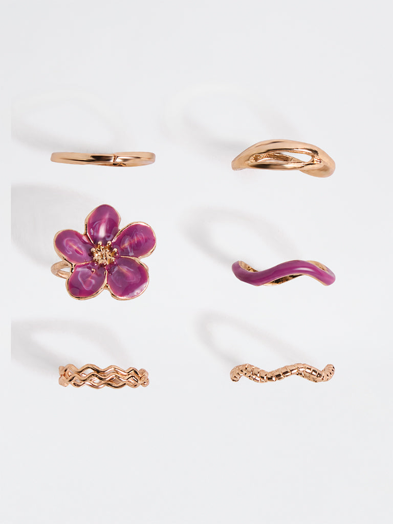 Westside Accessories Gold and Pink Floral Multi-Design Stackable Rings - Pack of 6