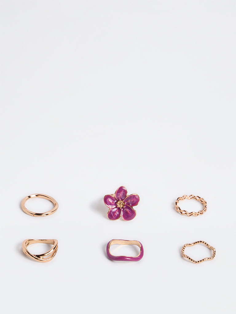 Westside Accessories Gold and Pink Floral Multi-Design Stackable Rings - Pack of 6
